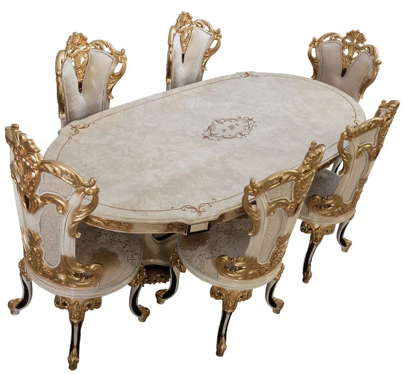 Casa Padrino Luxus Barock Esszimmerstuhl 6er Set Weiß / Creme / Beige / Schwarz / Gold - Barockstil Küchenstühle mit Muster - Luxus Esszimmer Möbel im Barockstil - Barock Esszimmer Möbel