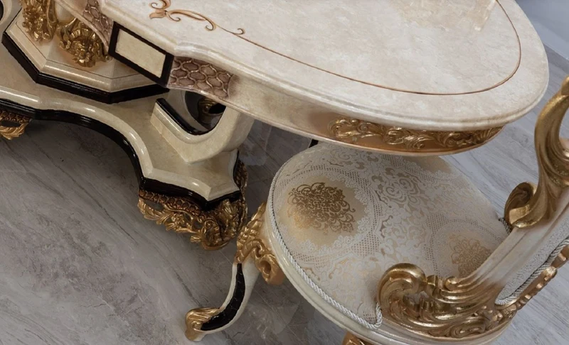 Casa Padrino Luxus Barock Esszimmerstuhl 6er Set Weiß / Creme / Beige / Schwarz / Gold - Barockstil Küchenstühle mit Muster - Luxus Esszimmer Möbel im Barockstil - Barock Esszimmer Möbel