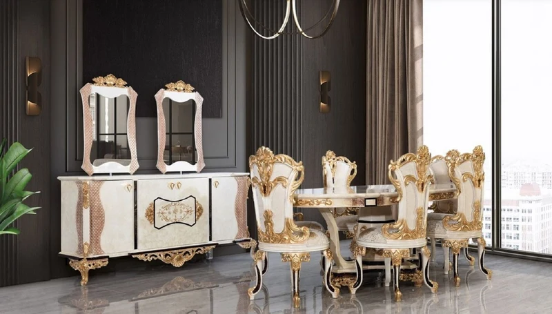 Casa Padrino Luxus Barock Esszimmerstuhl 6er Set Weiß / Creme / Beige / Schwarz / Gold - Barockstil Küchenstühle mit Muster - Luxus Esszimmer Möbel im Barockstil - Barock Esszimmer Möbel