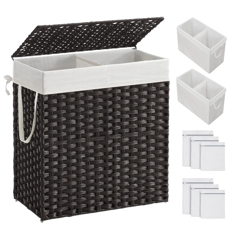 110L Laundry Hamper with Lid Clothes Hamper with 2 Removable Liner Bags & 6 Mesh Bags Wicker Laundry Basket for Laundry Room Black