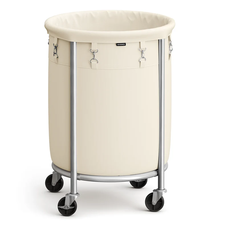 29Gal Round Laundry Sorter Laundry Hamper with Wheels Rolling Laundry Cart with Removable Bag for Laundry Room Cream and Silver
