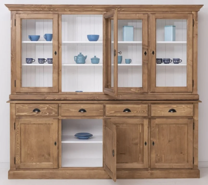 Casa Padrino Landhausstil Esszimmerschrank Naturfarben / Weiß 230 x 45 x H. 200 cm - Massivholz Küchenschrank - Esszimmer Möbel im Landhausstil - Landhausstil Esszimmer Einrichtung