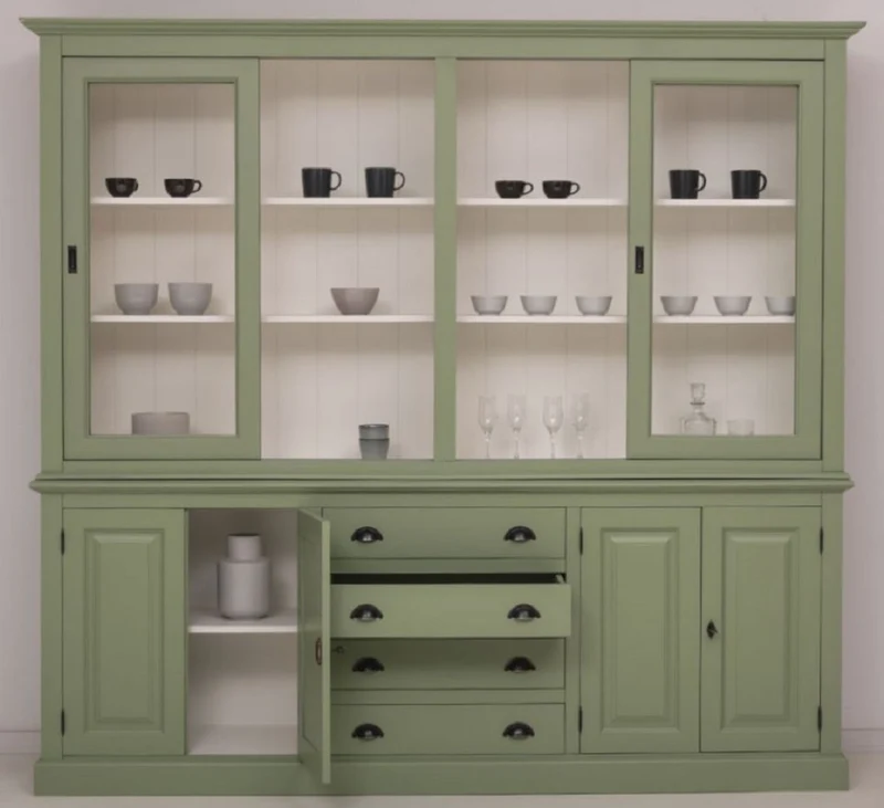 Casa Padrino Landhausstil Esszimmerschrank Grün / Weiß 240 x 47 x H. 220 cm - Massivholz Küchenschrank - Esszimmer Möbel im Landhausstil - Landhausstil Esszimmer Einrichtung