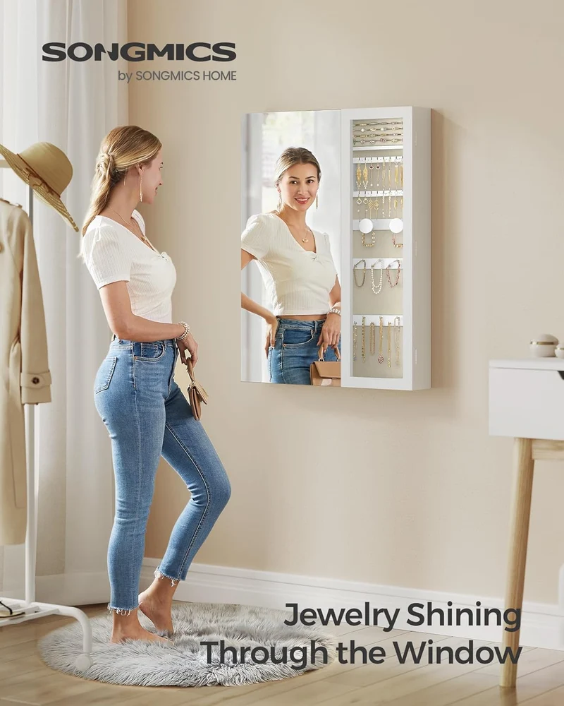 SONGMICS LED Jewelry Cabinet, Double Door, Mirror with Jewelry Storage, Glass Window, Wall/Door-Mounted, 3.9 x 23.6 x 31.5 Inches, Interior Mirror, 3-in-1, Bedroom, Dressing Room, Gift, White and Greige