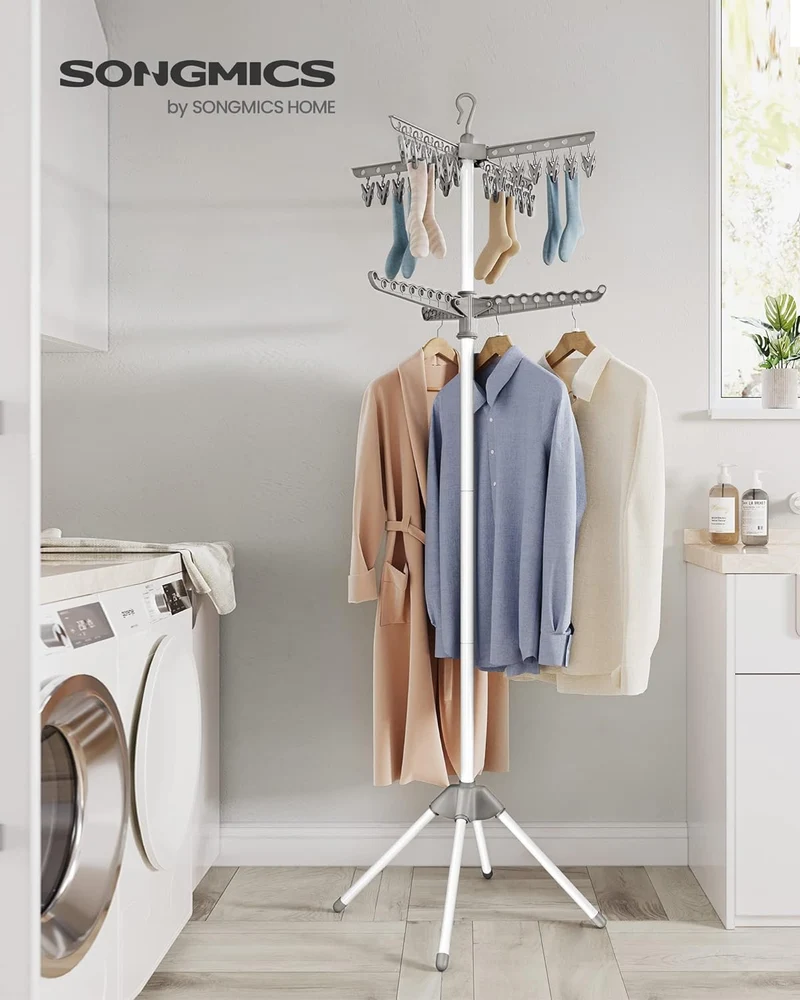 SONGMICS 2-Tier Clothes Drying Rack, 72-Inch Folding Laundry Drying Rack with 3 Rotatable Arms for Hangers, 24 Clips, Stainless Steel, for 27 Pieces of Clothes, White, Blue