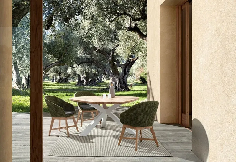 Casa Padrino Luxus Gartentisch Naturfarben / Weiß Ø 160 x H. 77 cm - Garten Esstisch mit Teakholz Tischplatte und Aluminium Beinen - Garten & Terrassen Tisch - Luxus Garten & Terrassen Möbel
