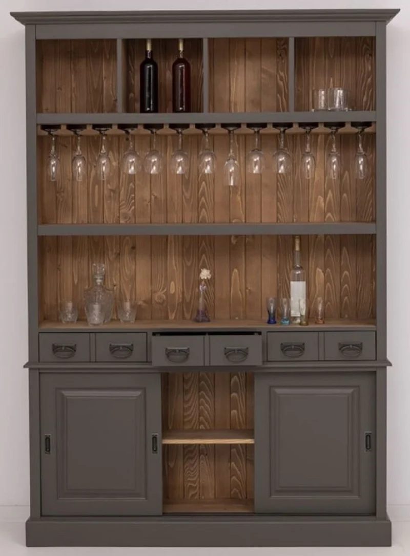Casa Padrino Landhausstil Massivholz Barschrank Dunkelgrau / Braun 151 x 36 x H. 210 cm - Massivholz Weinschrank im Landhausstil - Massivholz Bar Möbel - Landhausstil Bar Möbel