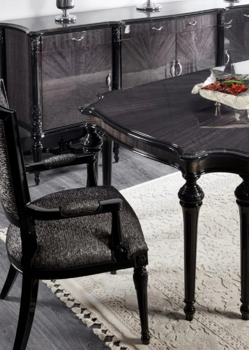 Casa Padrino Luxus Barock Esszimmer Set Grau / Schwarz - 1 Barock Esstisch & 8 Barock Esszimmerstühle - Luxus Esszimmer Möbel im Barockstil - Barock Möbel - Edel & Prunkvoll