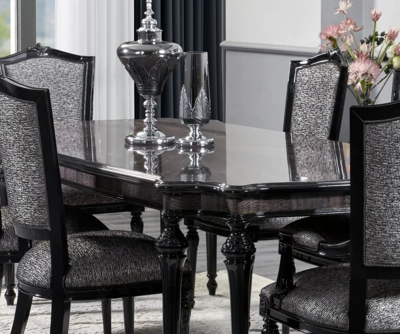 Casa Padrino Luxus Barock Esszimmer Set Grau / Schwarz - 1 Barock Esstisch & 8 Barock Esszimmerstühle - Luxus Esszimmer Möbel im Barockstil - Barock Möbel - Edel & Prunkvoll