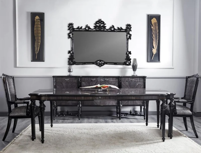 Casa Padrino Luxus Barock Esszimmer Set Grau / Schwarz - 1 Barock Esstisch & 8 Barock Esszimmerstühle - Luxus Esszimmer Möbel im Barockstil - Barock Möbel - Edel & Prunkvoll