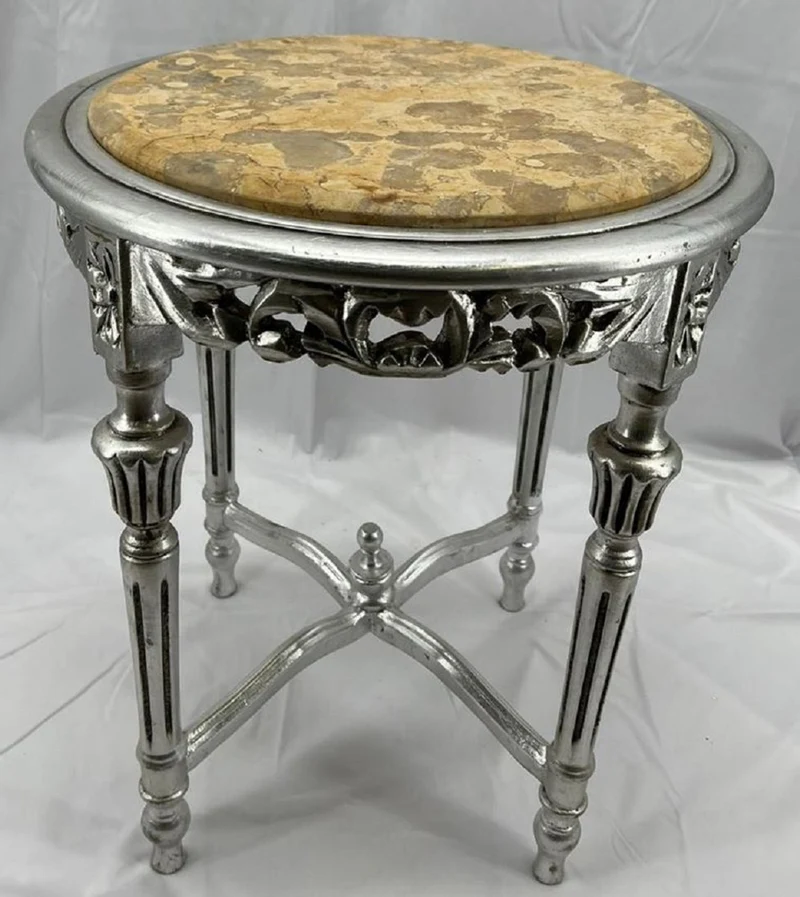 Casa Padrino Barock Beistelltisch Silber / Creme - Handgefertigter Antik Stil Massivholz Tisch mit Marmorplatte - Wohnzimmer Möbel im Barockstil - Antik Stil Möbel - Barock Einrichtung - Barock Möbel