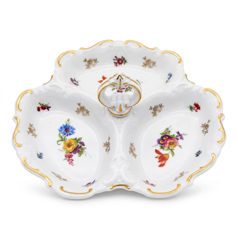 Casa Padrino Luxus Barock Porzellan Servierschale mit Tragegriff Weiß / Mehrfarbig / Gold Ø 25 cm - Nuss & Gebäck Schale - Luxus Barock Accessoires - Reichenbach Porzellan - Made in Germany