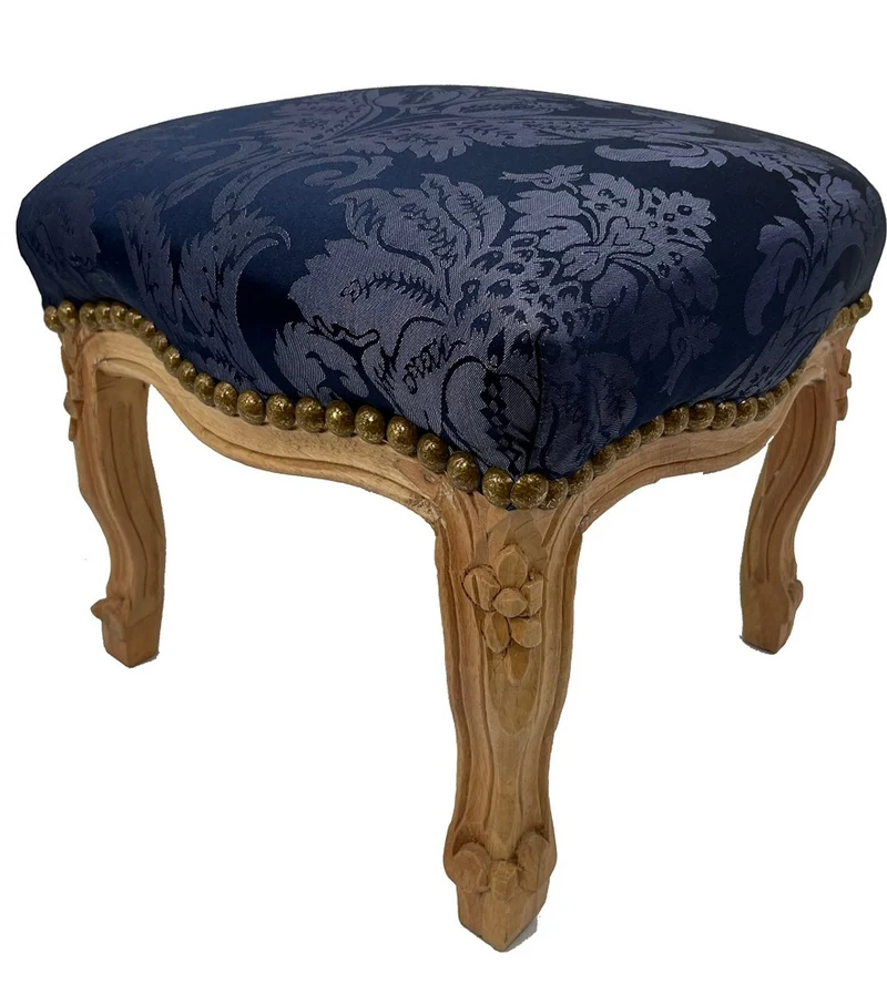 Casa Padrino Barock Fußhocker Royalblau Muster / Naturfarben - Handgefertigter Antik Stil Hocker mit elegantem Muster - Wohnzimmer Möbel im Barockstil - Barock Möbel