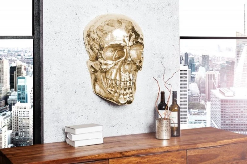 Casa Padrino Designer Metall Wanddeko Skulptur Totenkopf Gold 30 x 20 x H. 40 cm - Metall Wanddeko Figur Skull