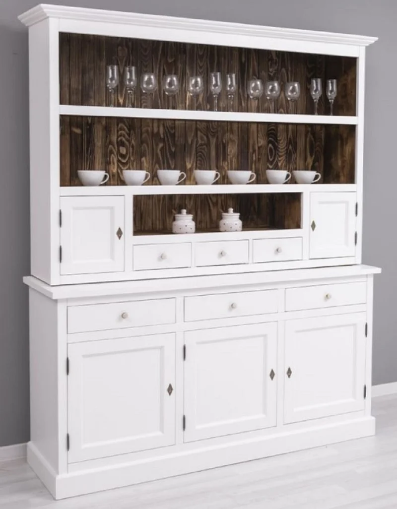 Casa Padrino Landhausstil Esszimmerschrank Weiß / Dunkelbraun 179 x 50 x H. 210 cm - Massivholz Küchenschrank - Esszimmer Möbel im Landhausstil - Landhausstil Esszimmer Einrichtung