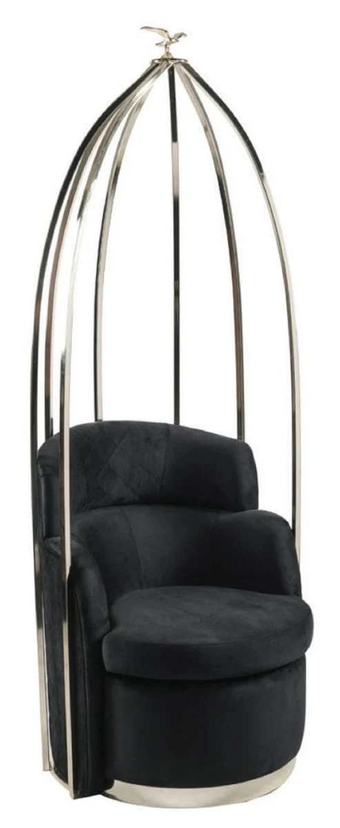 Casa Padrino Luxus Sessel Schwarz / Silber 86 x 56 x H. 213 cm - Wohnzimmer Sessel - Hotel Sessel - Wohnzimmer Möbel - Hotel Möbel - Luxus Möbel - Luxus Einrichtung
