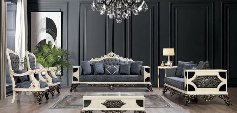 Casa Padrino Luxus Barock Wohnzimmer Set Blau / Weiß / Bronze / Gold - 2 Barock Sofas & 2 Barock Sessel & 1 Barock Couchtisch - Luxus Wohnzimmer Möbel im Barockstil - Barock Möbel