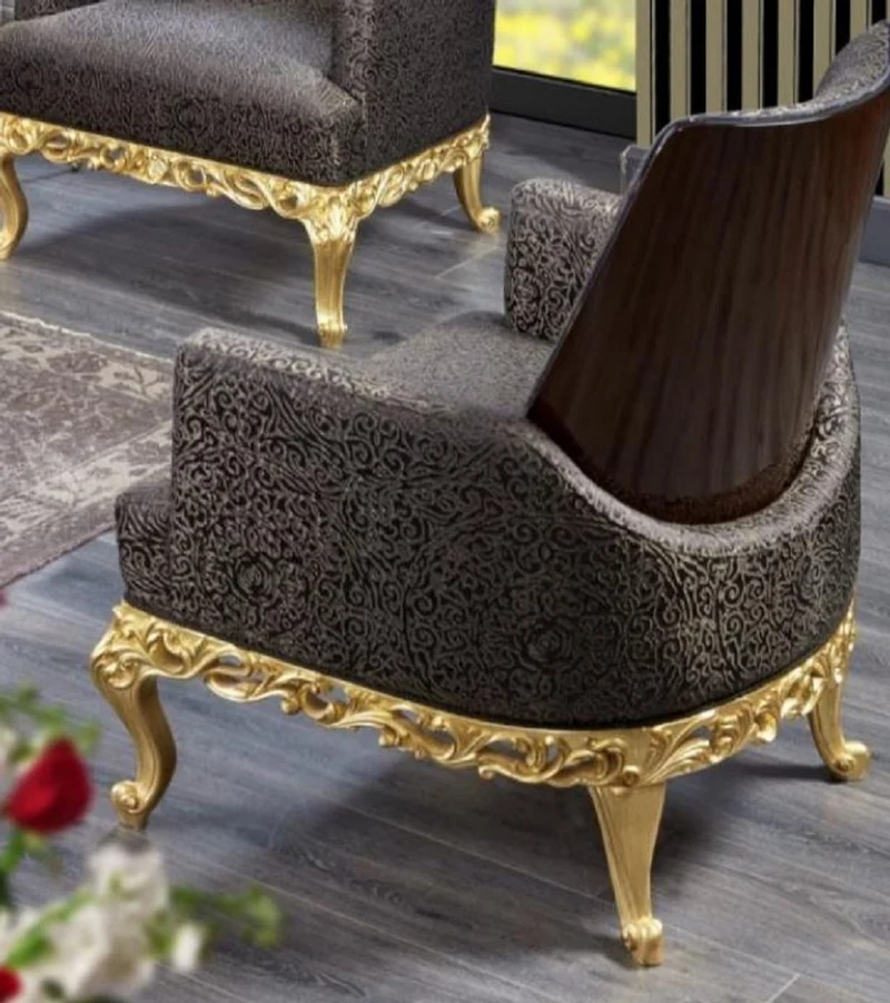 Casa Padrino Luxus Barock Sessel Grau / Dunkelbraun / Gold - Prunkvoller Wohnzimmer Sessel - Barockstil Wohnzimmer Möbel - Luxus Möbel im Barockstil - Barock Einrichtung - Edel & Prunkvoll