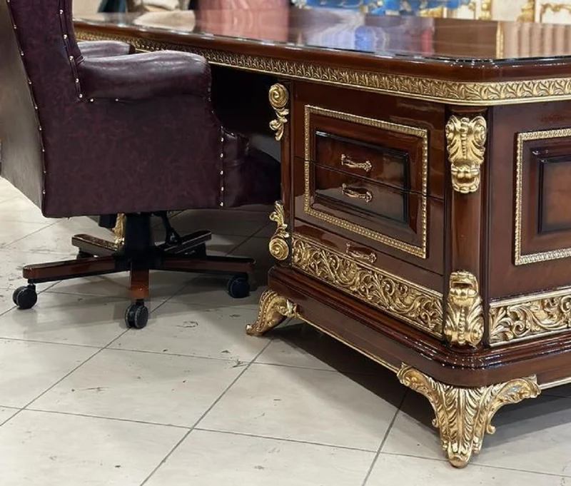 Casa Padrino Luxus Barock Schreibtisch Braun / Gold - Prunkvoller Massivholz Bürotisch - Luxus Büro Möbel im Barockstil - Barock Möbel - Barock Büro Einrichtung - Edel & Prunkvoll