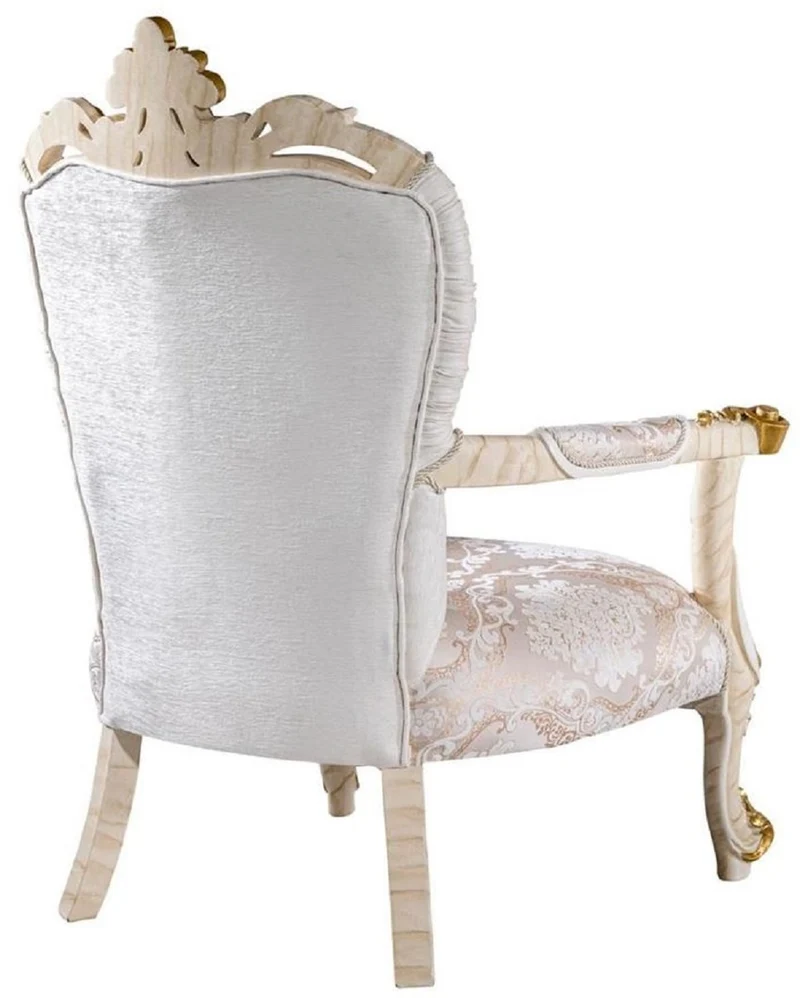 Casa Padrino Luxus Barock Sessel Weiß / Braun / Weiß / Beige / Gold - Prunkvoller Wohnzimmer Sessel mit Glitzersteinen - Barockstil Wohnzimmer Möbel - Luxus Möbel im Barockstil - Edel & Prunkvoll