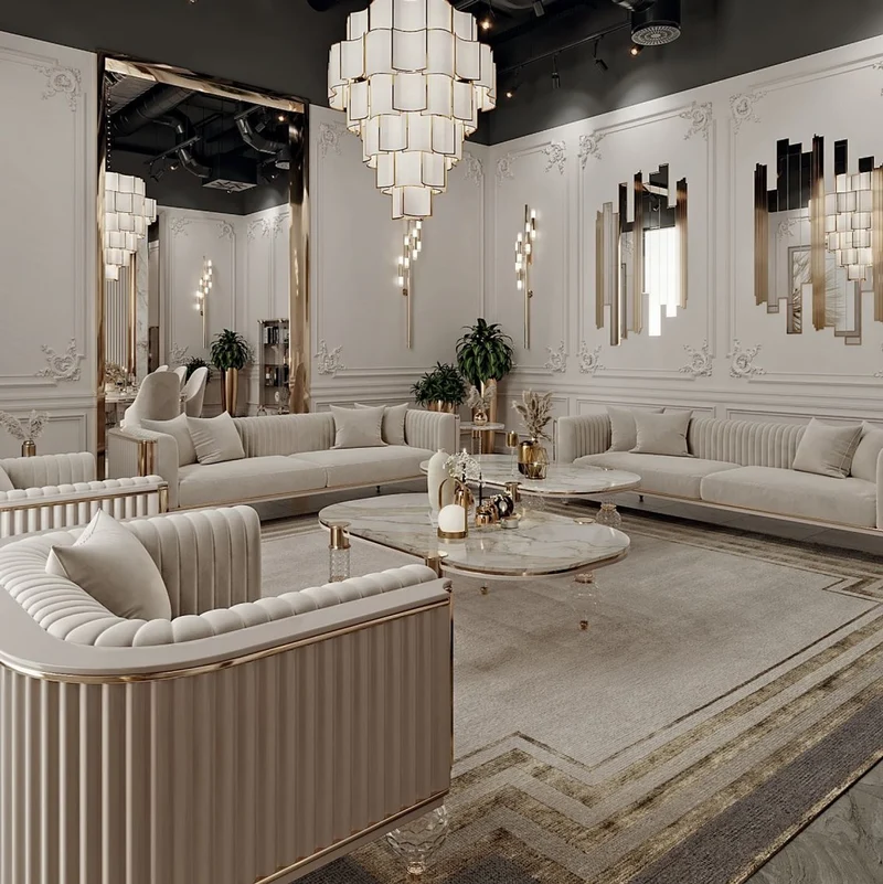 Casa Padrino Luxus Art Deco Couchtisch Weiß / Grau / Gold 160 x 91 x H. 49 cm - Wohnzimmertisch mit edler Kunstmarmor Tischplatte - Art Deco Wohnzimmer Möbel - Luxus Wohnzimmer Möbel