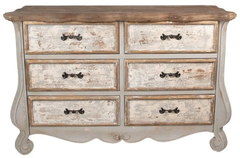 Casa Padrino Landhausstil Shabby Chic Kommode mit 6 Schubladen Grau / Beige / Gold / Braun 135 x 41 x H. 89 cm - Landhausstil Möbel - Shabby Chic Möbel - Landhausstil Einrichtung