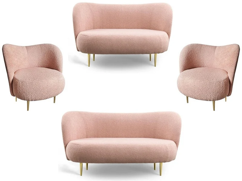 Casa Padrino Luxus Wohnzimmer Set Rosa / Gold - 2 Luxus Sofas mit gebogener Rückenlehne & 2 Luxus Sessel mit gebogener Rückenlehne - Luxus Möbel - Wohnzimmer Möbel - Luxus Einrichtung