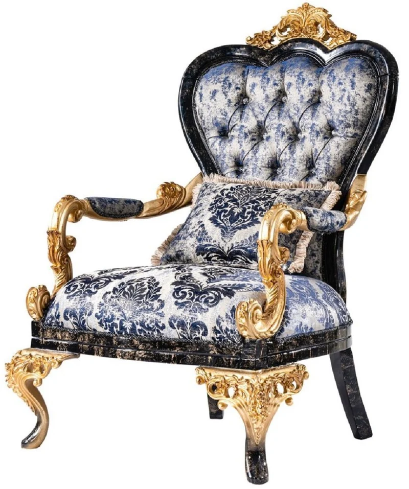 Casa Padrino Luxus Barock Sessel Blau / Schwarz / Gold - Prunkvoller Wohnzimmer Sessel - Barockstil Wohnzimmer Möbel - Luxus Möbel im Barockstil - Barock Einrichtung - Wohnzimmer Einrichtung