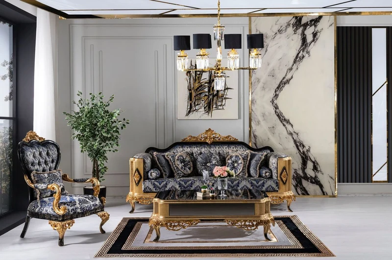 Casa Padrino Luxus Barock Sessel Blau / Schwarz / Gold - Prunkvoller Wohnzimmer Sessel - Barockstil Wohnzimmer Möbel - Luxus Möbel im Barockstil - Barock Einrichtung - Wohnzimmer Einrichtung