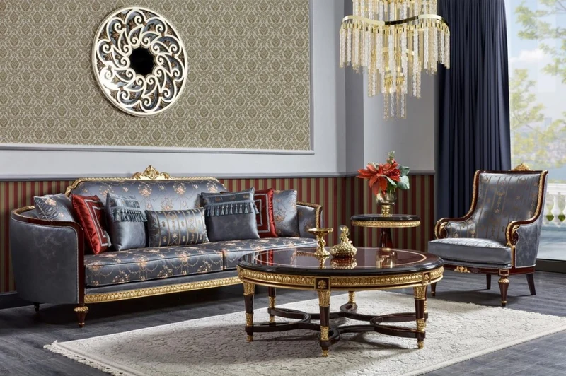 Casa Padrino Luxus Barock Sofa Blau / Dunkelbraun / Gold - Prunkvolles Wohnzimmer Sofa - Barockstil Wohnzimmer Möbel - Luxus Möbel im Barockstil - Barock Einrichtung - Edel & Prunkvoll