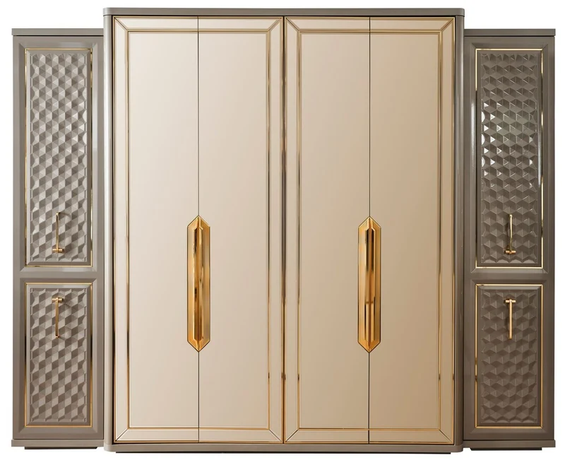 Casa Padrino Luxus Art Deco Schlafzimmerschrank Grau / Gold 280 x 60 x H. 229 cm - Verspiegelter Kleiderschrank mit 4 Türen - Schlafzimmer Möbel - Art Deco Möbel - Luxus Möbel - Luxus Einrichtung