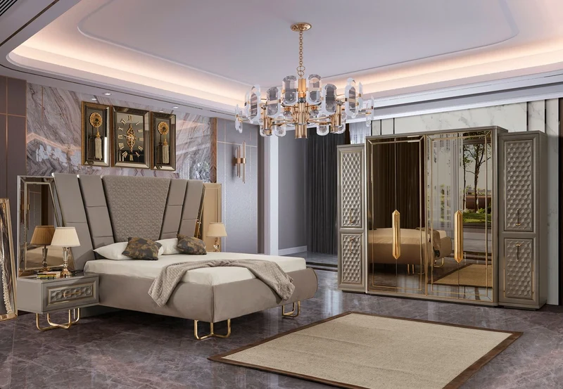 Casa Padrino Luxus Art Deco Schlafzimmerschrank Grau / Gold 280 x 60 x H. 229 cm - Verspiegelter Kleiderschrank mit 4 Türen - Schlafzimmer Möbel - Art Deco Möbel - Luxus Möbel - Luxus Einrichtung