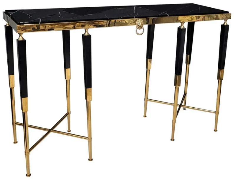 Casa Padrino Luxus Konsole Schwarz / Gold 140 x 40 x H. 85 cm - Rechteckiger Konsolentisch mit Kunstmarmor Tischplatte - Wohnzimmer Möbel - Luxus Möbel - Luxus Einrichtung