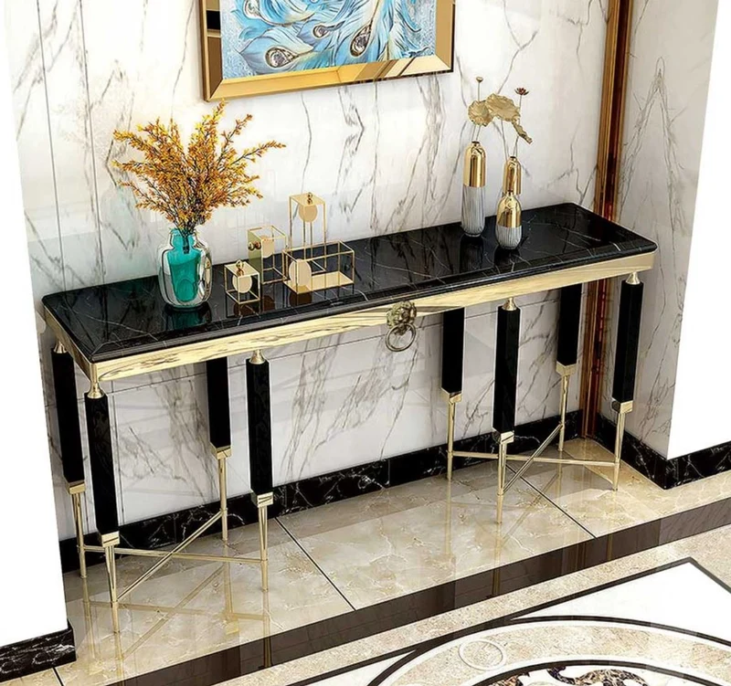 Casa Padrino Luxus Konsole Schwarz / Gold 140 x 40 x H. 85 cm - Rechteckiger Konsolentisch mit Kunstmarmor Tischplatte - Wohnzimmer Möbel - Luxus Möbel - Luxus Einrichtung