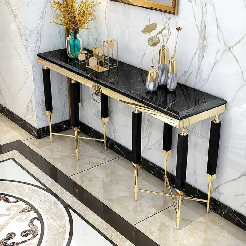 Casa Padrino Luxus Konsole Schwarz / Gold 140 x 40 x H. 85 cm - Rechteckiger Konsolentisch mit Kunstmarmor Tischplatte - Wohnzimmer Möbel - Luxus Möbel - Luxus Einrichtung