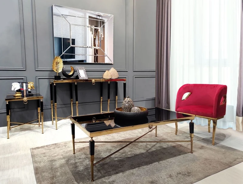 Casa Padrino Luxus Konsole Schwarz / Gold 140 x 40 x H. 85 cm - Rechteckiger Konsolentisch mit Kunstmarmor Tischplatte - Wohnzimmer Möbel - Luxus Möbel - Luxus Einrichtung