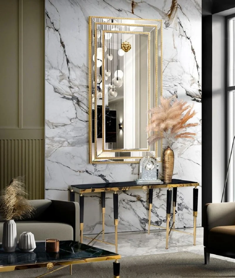 Casa Padrino Luxus Konsole Schwarz / Gold 140 x 40 x H. 85 cm - Rechteckiger Konsolentisch mit Kunstmarmor Tischplatte - Wohnzimmer Möbel - Luxus Möbel - Luxus Einrichtung