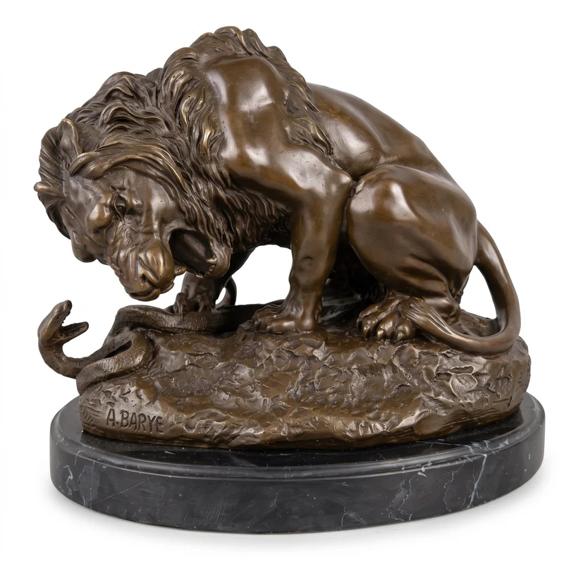 Casa Padrino Luxus Bronze Deko Skulptur Löwe und Schlange Bronze / Schwarz 30 x 19 x H. 24 cm - Bronze Deko Figur - Schreibtisch Deko - Deko Accessoires - Luxus Accessoires