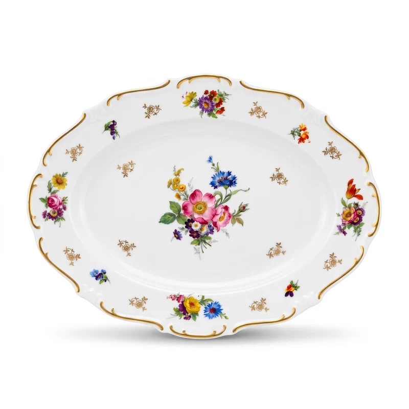 Casa Padrino Luxus Barock Porzellan Teller Weiß / Mehrfarbig / Gold 38 cm - Ovaler Servierteller - Luxus Barock Porzellan Accessoires - Reichenbach Porzellan - Luxus Qualität - Made in Germany