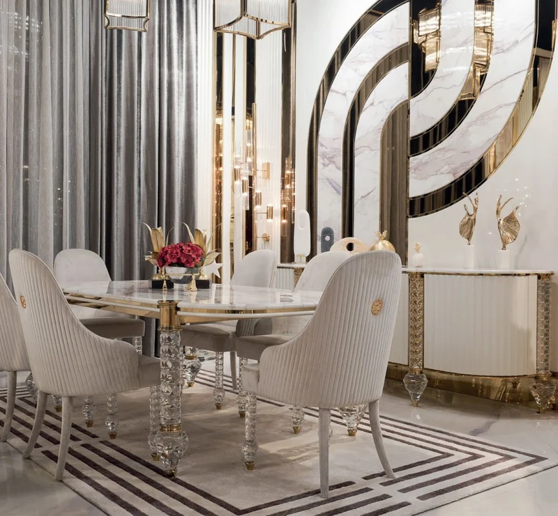 Casa Padrino Luxus Art Deco Esszimmer Set Weiß / Grau / Gold - 1 Art Deco Esstisch mit Kunstmarmor Tischplatte & 6 Art Deco Esszimmerstühle - Art Deco Esszimmer Möbel - Luxus Qualität