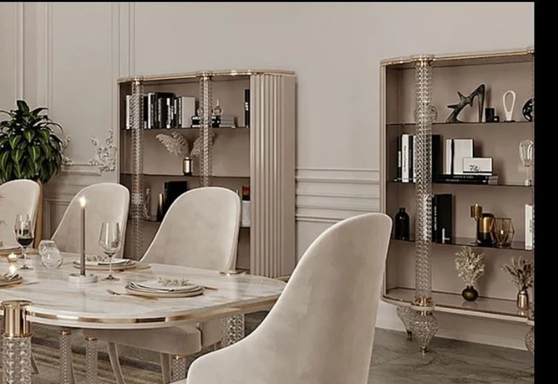 Casa Padrino Luxus Art Deco Esszimmer Set Weiß / Grau / Gold - 1 Art Deco Esstisch mit Kunstmarmor Tischplatte & 6 Art Deco Esszimmerstühle - Art Deco Esszimmer Möbel - Luxus Qualität