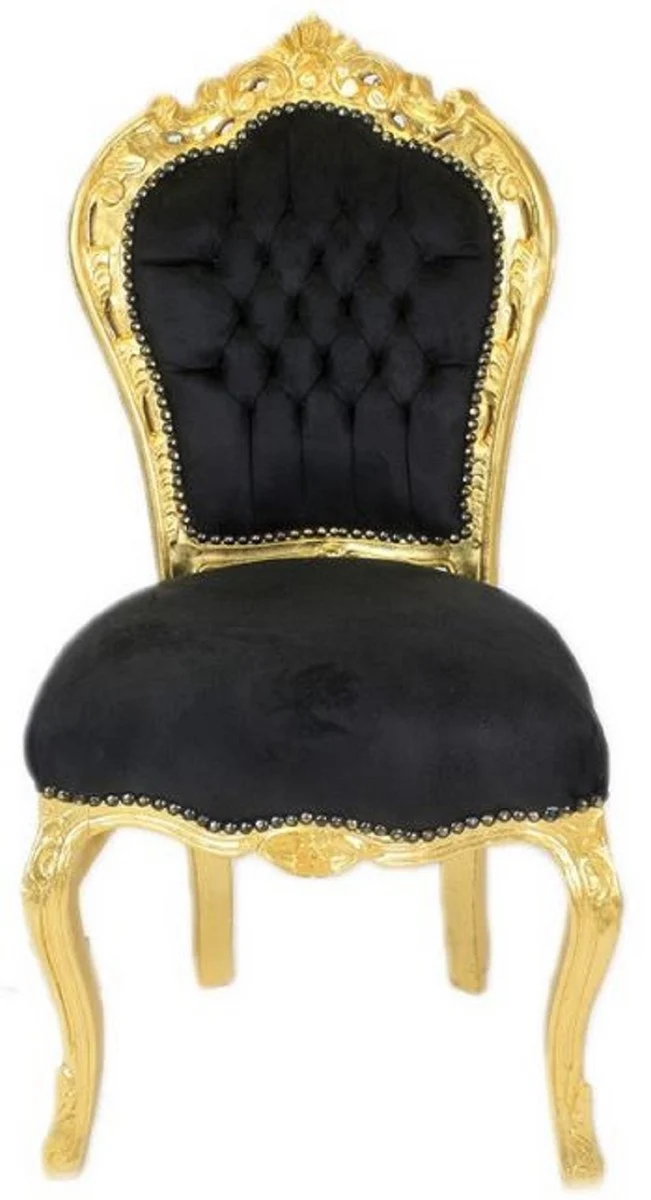 Casa Padrino Barock Esszimmer Stuhl Schwarz / Gold - Handgefertigter Antik Stil Stuhl mit edlem Samtstoff - Esszimmer Möbel im Barockstil - Barock Möbel