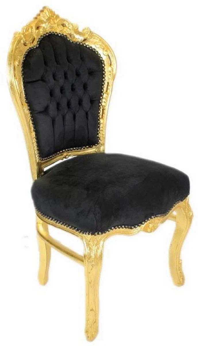 Casa Padrino Barock Esszimmer Stuhl Schwarz / Gold - Handgefertigter Antik Stil Stuhl mit edlem Samtstoff - Esszimmer Möbel im Barockstil - Barock Möbel