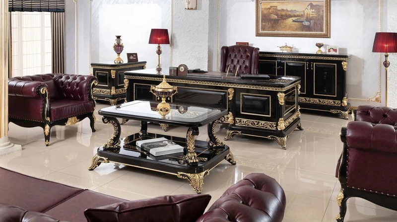 Casa Padrino Luxus Barock Bürostuhl Bordeauxrot / Schwarz / Gold - Höhenverstellbarer Schreibtischstuhl mit edlem Kunstleder - Luxus Büro Möbel im Barockstil - Barock Möbel - Barock Einrichtung
