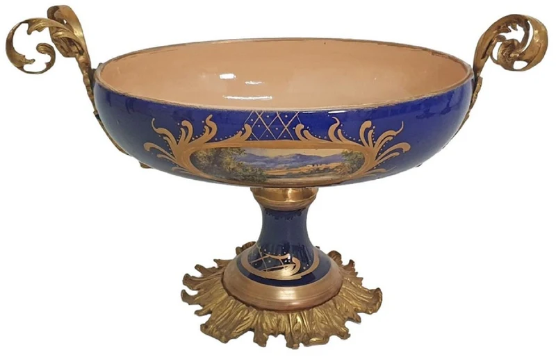 Casa Padrino Barock Deko Keramik Vasen Set mit Schale Blau / Mehrfarbig / Messing - Prunkvolle Deko im Barockstil - Barock Deko Accessoires - Barock Möbel - Edel & Prunkvoll