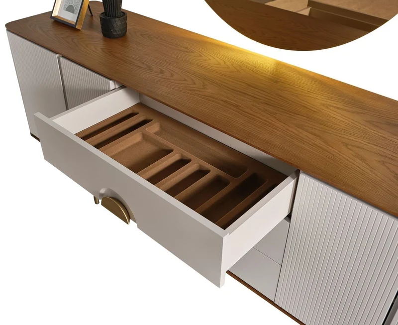 Casa Padrino Luxus Sideboard Hellgrau / Braun / Messing 220 x 50 x H. 80 cm - Massivholz Schrank mit 4 Türen und 3 Schubladen - Massivholz Möbel - Luxus Möbel - Luxus Einrichtung