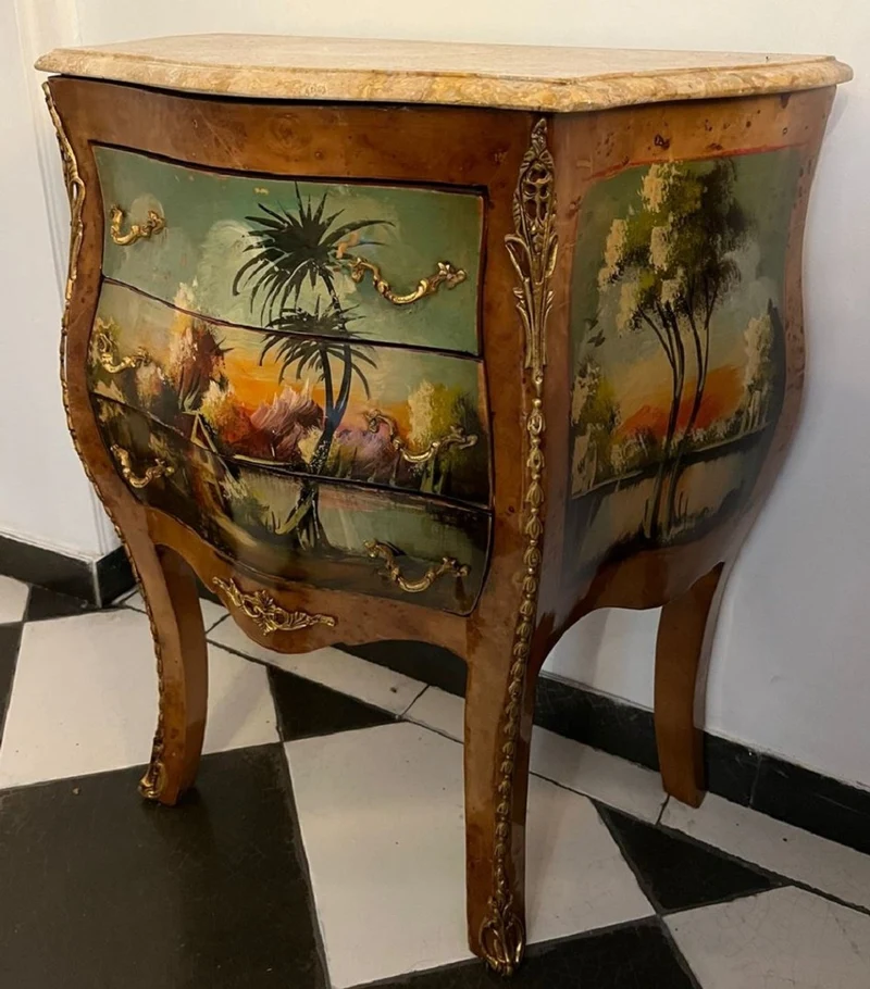 Casa Padrino Barock Kommode Braun / Mehrfarbig / Creme - Handgefertigte Barockstil Nachtkommode mit Marmorplatte und 3 Schubladen - Barock Möbel - Schlafzimmer Möbel im Barockstil