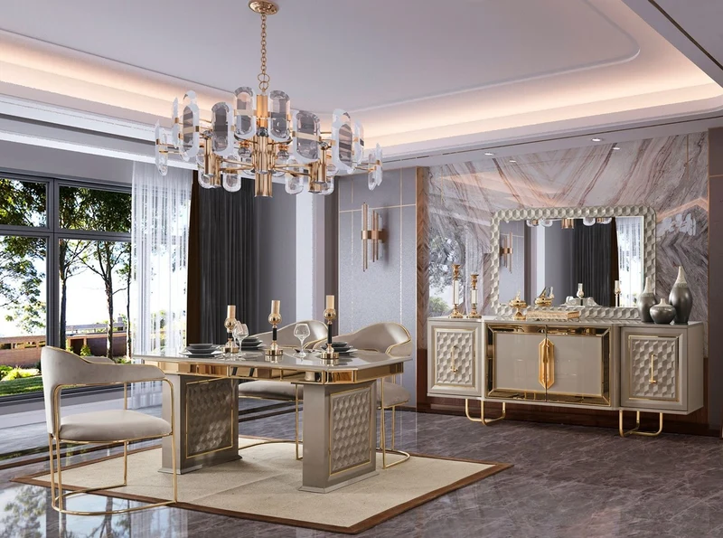 Casa Padrino Luxus Art Deco Esszimmer Set Grau / Gold - 1 Ausziehbarer Esstisch & 6 Esszimmerstühle mit Armlehnen - Esszimmer Möbel - Art Deco Möbel - Luxus Möbel - Art Deco Einrichtung