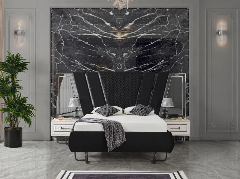 Casa Padrino Luxus Art Deco Schlafzimmer Set Schwarz / Weiß / Bronze - 1 Doppelbett mit Kopfteil & 2 Nachtkommoden - Art Deco Schlafzimmer Möbel - Luxus Schlafzimmer Möbel - Luxus Einrichtung