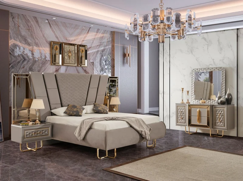 Casa Padrino Luxus Art Deco Schlafzimmer Set Grau / Gold - 1 Luxus Art Deco Schminkkommode & 1 Luxus Art Deco Spiegel - Art Deco Schlafzimmer Möbel - Luxus Schlafzimmer Möbel